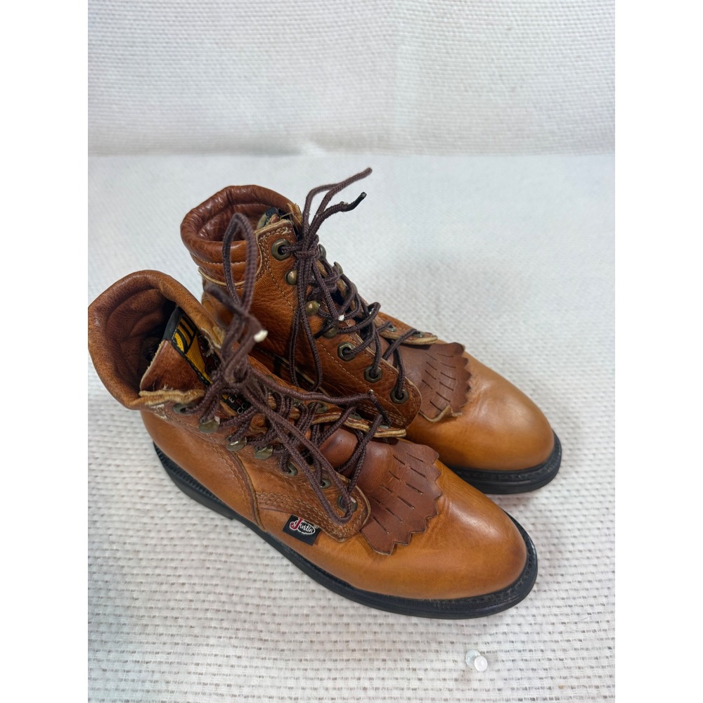 Justin Lacer Boots Womens 6 C Tan Leather Lace Up Kiltie Work Boots Made in USA
